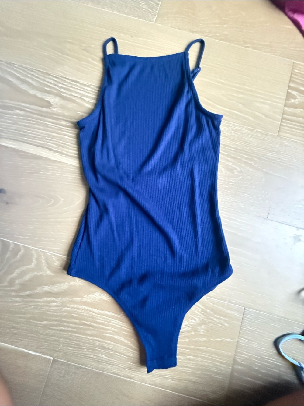 Ribbed High-Neck Navy Spaghetti-Strap Bodysuit